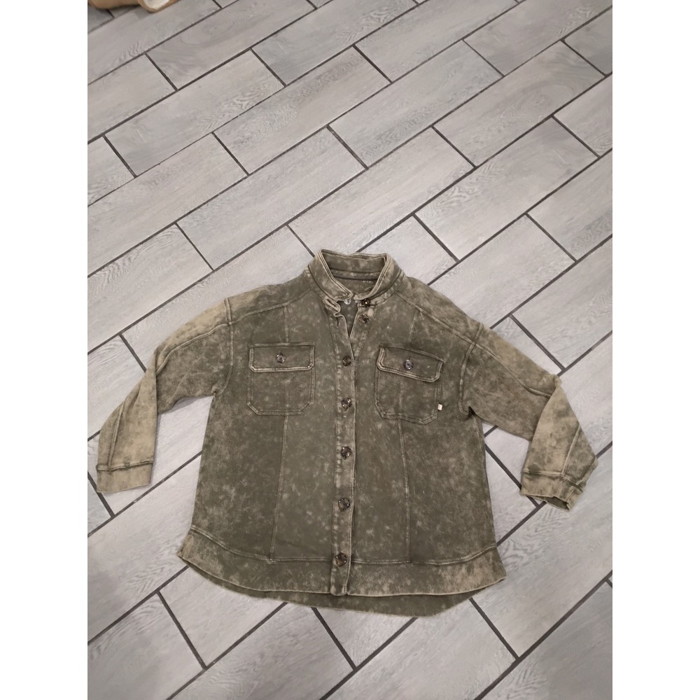 PILCRO Distressed Washed Olive Green Button Up Utility Jacket Shirt ‎ XL 4038